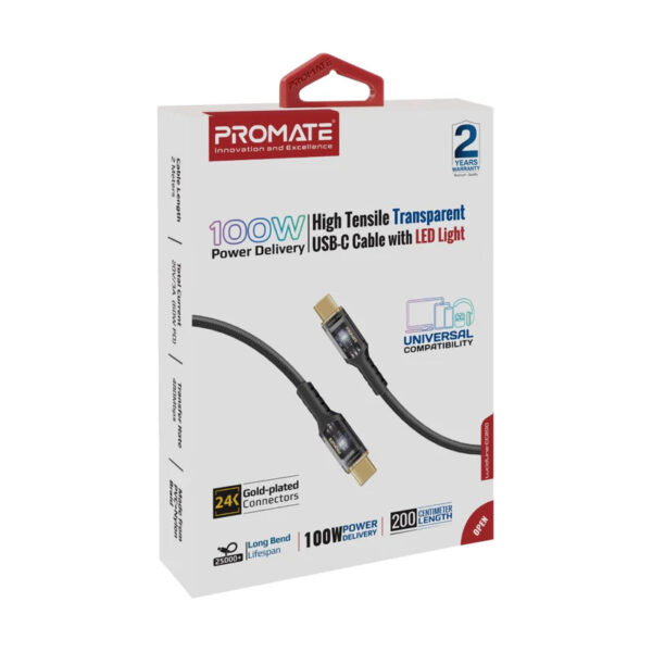 Promate High Tensile Transparent 100W Power Delivery USB-C Cable with LED Light – Price in Kenya | Phones Gallery